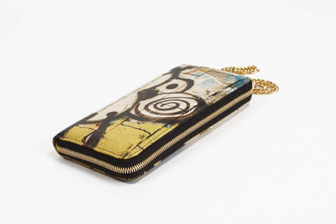 Leather Wallet Kat Graffiti Print Zip Around with Chain Wristlet