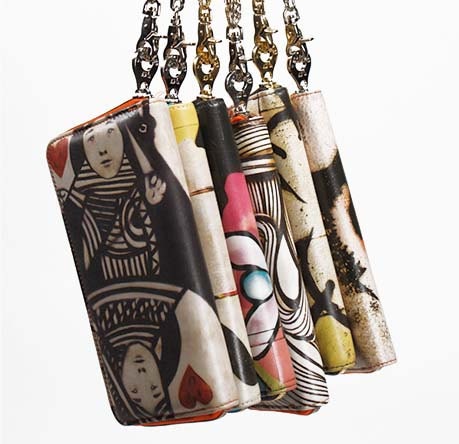 Leather Wallet Swirl Graffiti Print Zip Around with Chain Wristlet