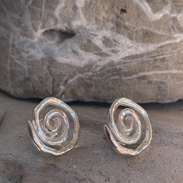 Cast Organic Sterling Silver Spiral Post Earrings