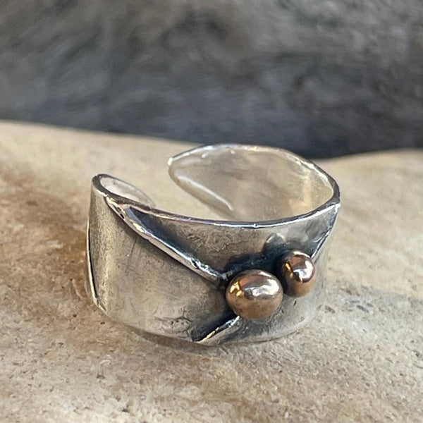 Organic Folded Sterling Silver Folded Cuff Ring with Two Bronze Beads.