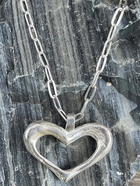 Sterling Silver Large Organic Heart Pendant Sterling Silver Paper Clip Chain