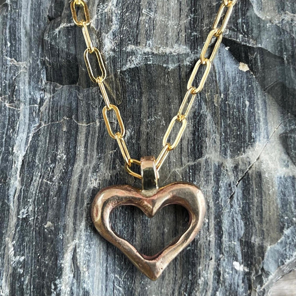 Sterling Silver Organic Heart Pendant on Sterling Silver Paper Clip Chain