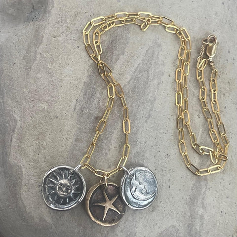 14K Gold Filled Paper Clip Chain Necklace with Sterling Silver Sun and Moon Charms with a Bronze Star Charm