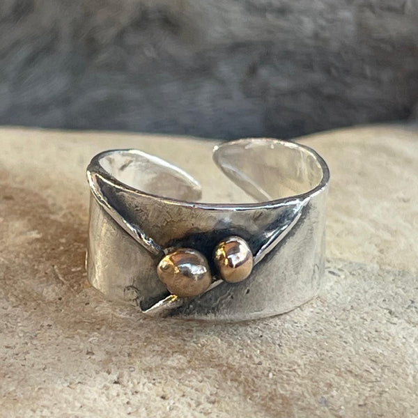 Organic Folded Sterling Silver Folded Cuff Ring with Two Bronze Beads.