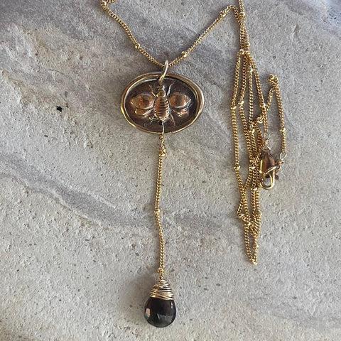 Handmade 14K Gold Fill Bee Charm Lariat Necklace with Smokey Quartz Drop