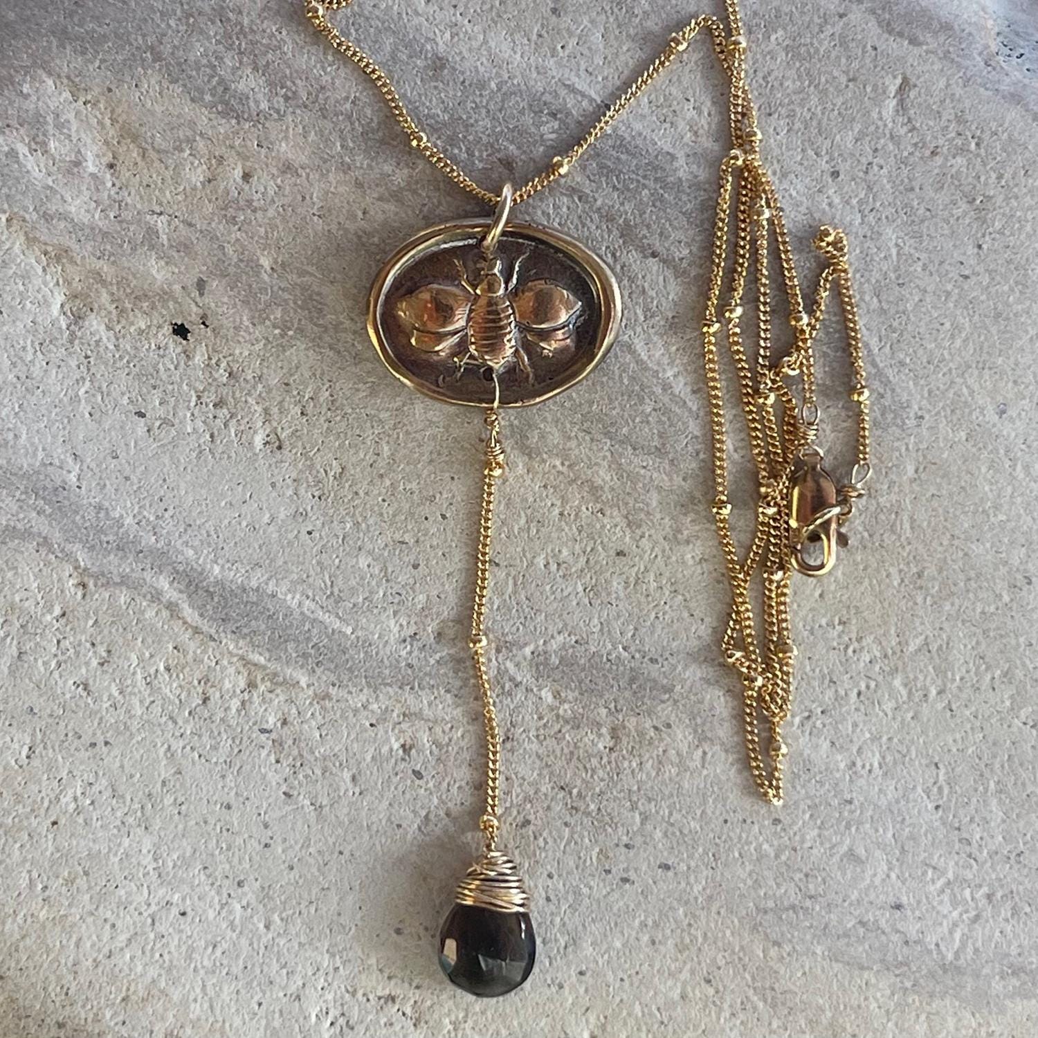 Handmade Gold Fill Sun Lariat Delicate Necklace with Smokey Quartz Drop