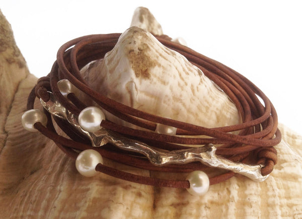 Hand Made Cast Sterling Silver Coral Branch Wrap Antique Brown Leather Bracelet with six 5mm Pearls and Pearl Closure