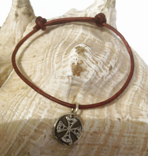 Handmade Sterling Silver Celtic Warrior Charm Adjustable Leather Bracelet