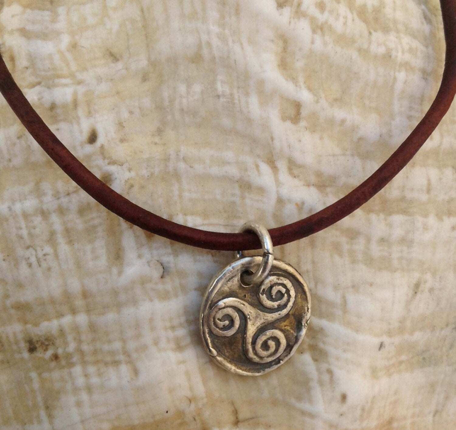 Handmade Sterling Silver Celtic Triple Spiral Charm Adjustable Leather Bracelet