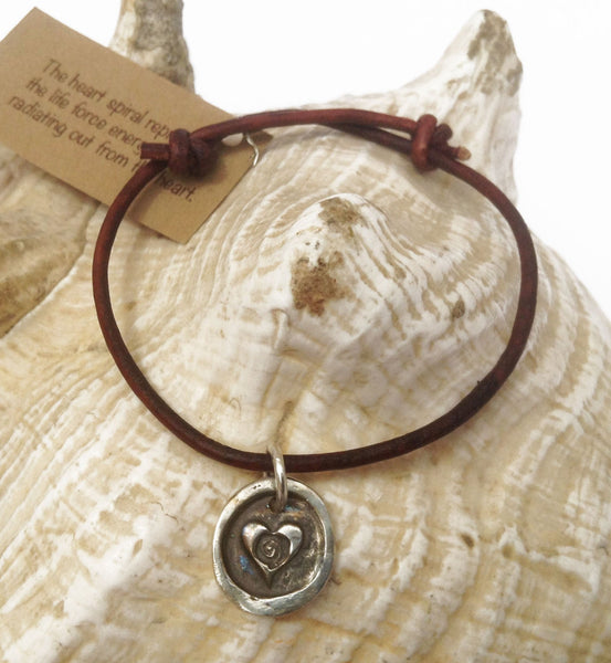 Handmade Sterling Silver Heart Spiral Charm Adjustable Leather Bracelet