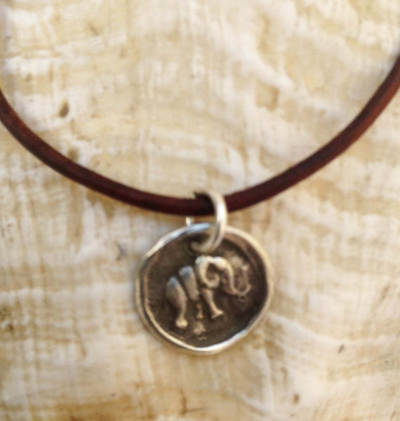 Handmade Sterling Silver Elephant Charm Adjustable Leather Bracelet