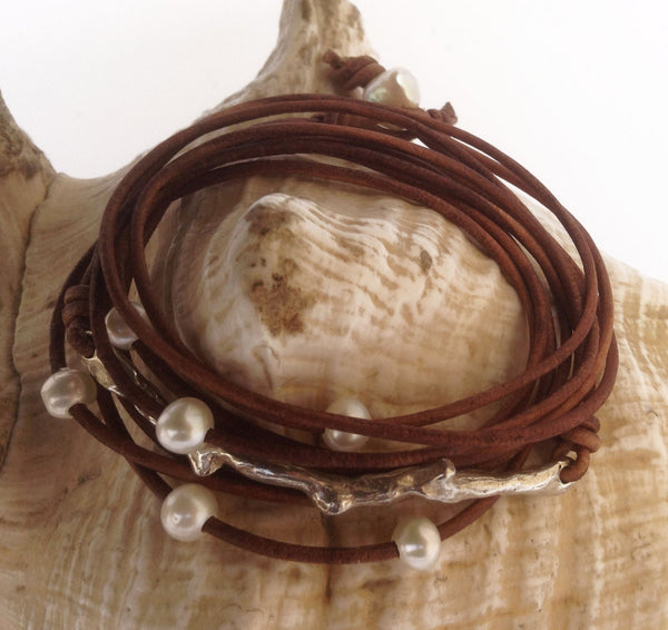 Hand Made Cast Sterling Silver Coral Branch Wrap Antique Brown Leather Bracelet with six 5mm Pearls and Pearl Closure