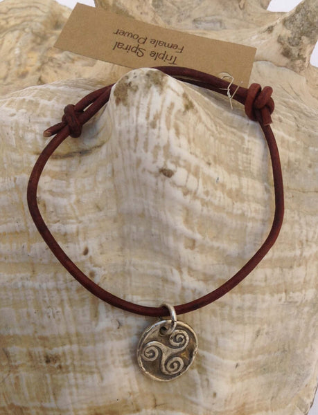 Handmade Sterling Silver Celtic Triple Spiral Charm Adjustable Leather Bracelet