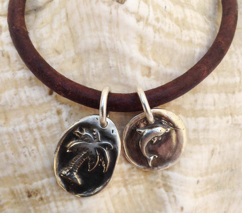 Handmade Sterling Silver Palm Tree & Dolphin Charms 4MM Leather Bracelet with Magnetic Closure