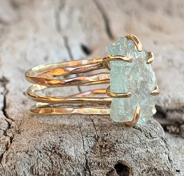 Handmade 14K Gold Fill Prong Set Raw Aquamarine Wrap Style Ring